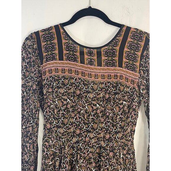 ecote long sleeve shirt blouse boho fringe floral black brown sheer tie READ - Picture 3 of 7